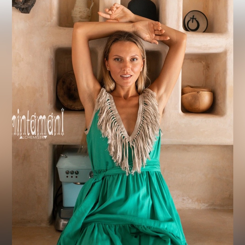 Chintamani 100% Bamboo Green Asymmetrical Tiered Sundress